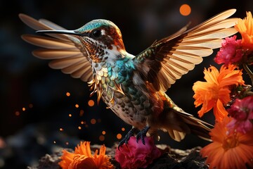 Agile hummingbird feeding on a colorful garden., generative IA