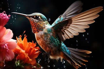 Agile hummingbird feeding on a colorful garden., generative IA - obrazy, fototapety, plakaty
