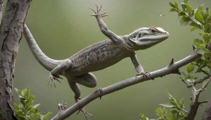 A Lizard In Mid Leap Between Branches - obrazy, fototapety, plakaty