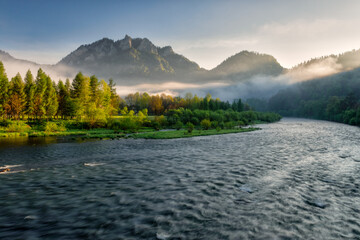 Beautiful Dunajec river in Pieniny Mountains at spring morning, Poland and Slovakia