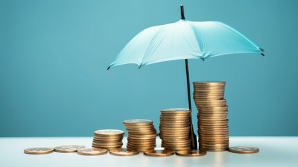 Stacks of coins with umbrella on blue background, business and financial concept