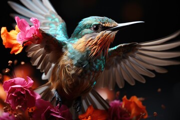 Hummingbird hovering in a tropical garden., generative IA