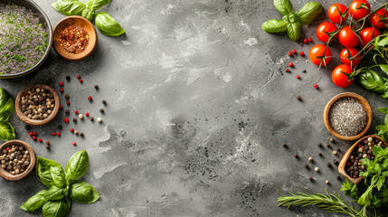 food background with copy space. Border of healthy food cooking ingredients background with fresh tomatoes, herbs and spices on dark concrete table top view. Menu, recipe background. product place