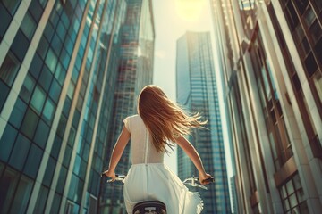 A young woman in a white dress rides a bicycle through a modern sunny city - obrazy, fototapety, plakaty