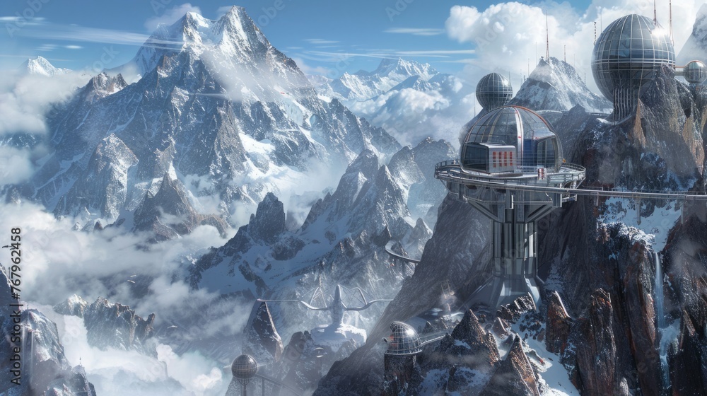 Poster futuristic space station orbiting an alien planet