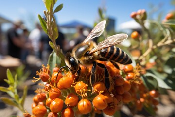 Bee at the Organic Fair, promoting sustainable pollination., generative IA - obrazy, fototapety, plakaty