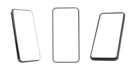 Smartphone with blank screen isolated on white, collage. Mockup for design
