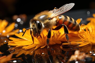 Bee and flowers, symbols of sustainability., generative IA - obrazy, fototapety, plakaty