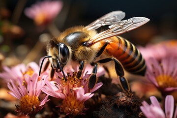 Bee exploring flower on interactive exposure in the museum., generative IA