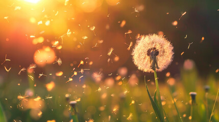 dandelion blooming, pollen scattering in the light, allergens, sunlight - obrazy, fototapety, plakaty
