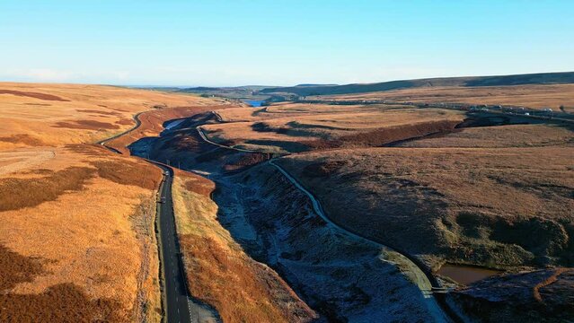 Aerial View of Saddleworth Moor, and motorway the M62  Windy Hill, Heath, heather and Lake