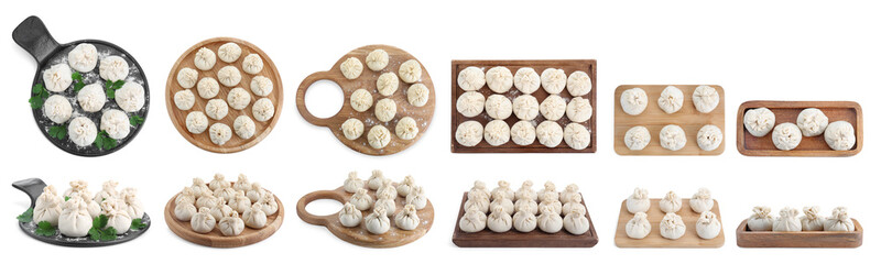 Set of uncooked khinkalis (dumplings) isolated on white, top and side views