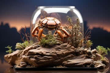 Scorpion in educational terrarium, ready for observation., generative IA - obrazy, fototapety, plakaty