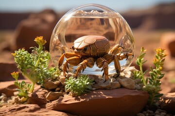 Scorpion in educational terrarium, ready for observation., generative IA - obrazy, fototapety, plakaty