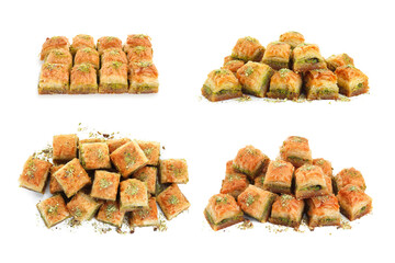 Eastern sweets. Pieces of delicious fresh baklava with chopped nuts isolated on white, set
