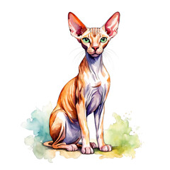 Cute sphynx cat sitting watercolor illustration, clipart, cat breed, domestic animal, pet, clipart, vector, for scrapbook, ad promo, journal, project, cutout on white background