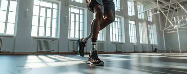 Close-up of the legs of a disabled African American man with prosthetic legs exercising in a large light white gym, copy space - obrazy, fototapety, plakaty