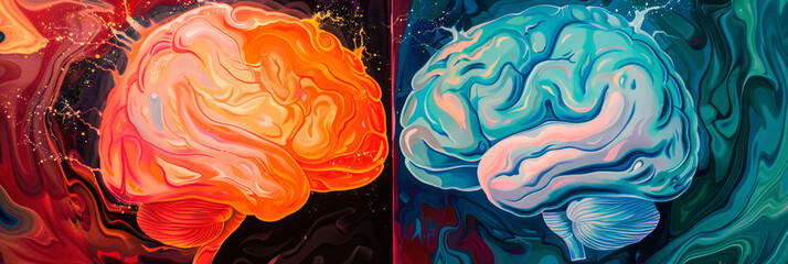 brains left and right hemisphere, blue and orange color, comparison, illustration for banner - obrazy, fototapety, plakaty