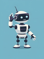 Robot customer service call flat character isolated on a simple blue color background