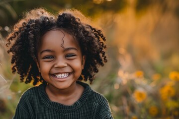 Happy little African American girl in the field