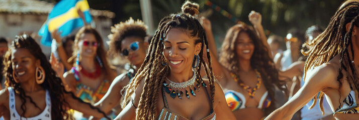 Group of young sexy women with dreadlocks dancing at the festival of Brazilian culture