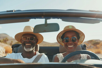 Happy black senior couple enjoying a summer vacation road trip in their car.