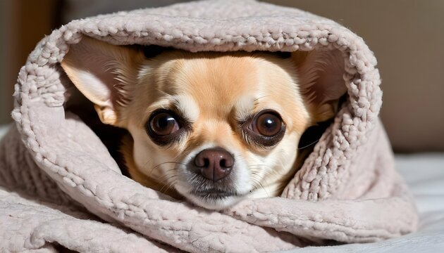 A Chihuahua Snuggled Up In A Warm Blanket