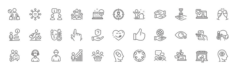 Headhunting, Yummy smile and Market seller line icons. Pack of Sick man, Fever, Friends chat icon. Inclusion, Jobless, New house pictogram. Buyers, Time hourglass, Engineering team. Yoga. Vector