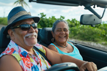 Happy Latin American senior couple enjoying a summer vacation road trip in their car.