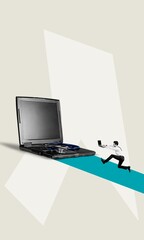 Collage of mini business man and huge laptop