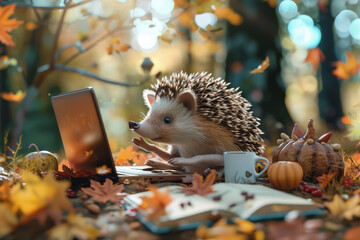 A determined hedgehog writing a novel about forest adventures on a laptop, surrounded by autumnal inspiration, 3D illustration - obrazy, fototapety, plakaty