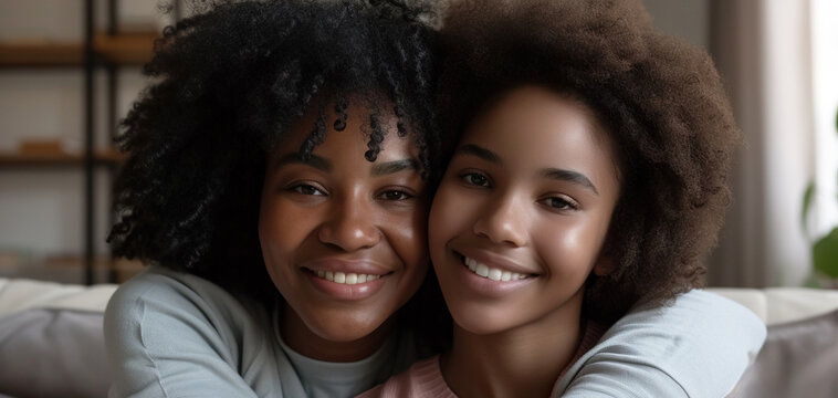 Happy young African American mom hug teenage daughter making picture together, smiling black mother and teen girl sit on couch posing for photo, parent and child embrace as best friends