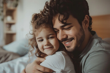 Obraz premium Latin man and his little daughter hugging in bedroom