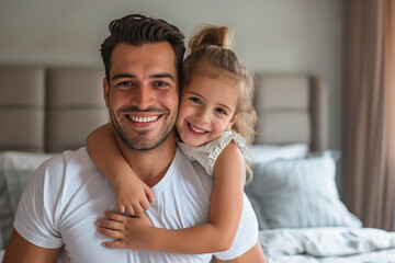 Latin man and his little daughter hugging in bedroom - obrazy, fototapety, plakaty