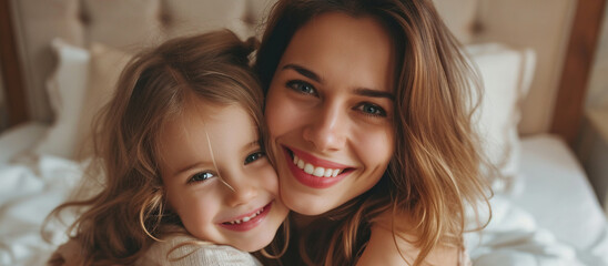 Latin woman and her little daughter hugging in bedroom - obrazy, fototapety, plakaty