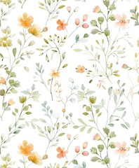 Watercolor flowers and leaves in seamless pattern. Wildflowers in pastel colors for elegant fabrics, wallpaper, packaging and stationery. Vintage botanical illustration