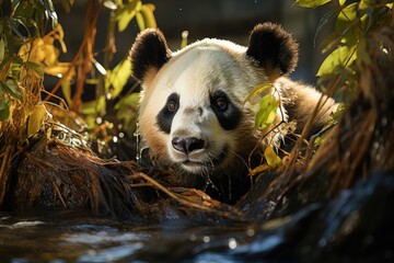 Panda in peace under bamboo, oil painting. ????, generative IA