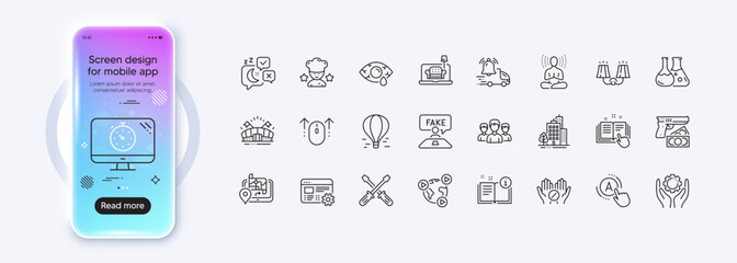 Web settings, Chemistry lab and Best chef line icons for web app. Phone mockup gradient screen. Pack of Swipe up, Conjunctivitis eye, Screwdriverl pictogram icons. Vector