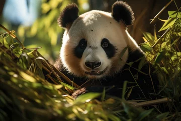 Plexiglas foto achterwand Panda relaxes in bamboo forest tranquility and harmony., generative IA © JONATAS