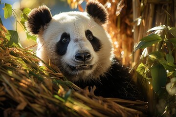Panda relaxes in bamboo forest tranquility and harmony., generative IA