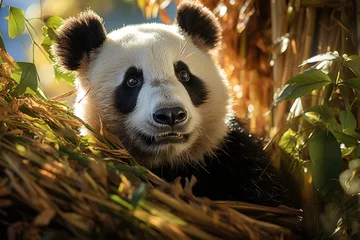 Plexiglas foto achterwand Panda relaxes in bamboo forest tranquility and harmony., generative IA © JONATAS
