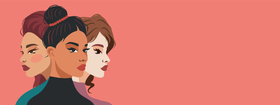 Feminism day vector banner. Strong diverse women of ethnically different cultures stand shoulder to shoulder. Feminism concept, gender equality, protection of women's rights and freedoms
