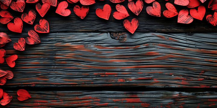 Red hearts on a wooden background for Valentine's Day or a love concept. Space for text, .red hearts on a wood table. A flat lay, top view, mock up.