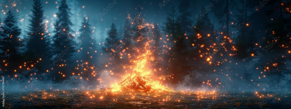 Aufkleber a digital campfire, with codes and algorithms as flames, providing warmth and security through genai