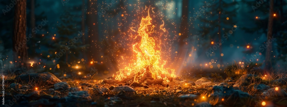 Aufkleber a digital campfire, with codes and algorithms as flames, providing warmth and security through genai