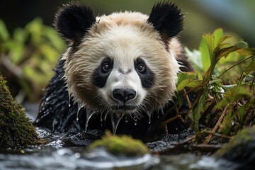 Panda in the forest, a symbol of threatened wildlife., generative IA