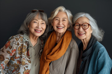 Portrait of happy three senior friends in studio.
