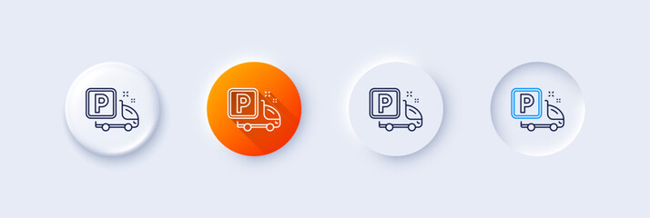 Truck parking line icon. Neumorphic, Orange gradient, 3d pin buttons. Car park sign. Transport place symbol. Line icons. Neumorphic buttons with outline signs. Vector