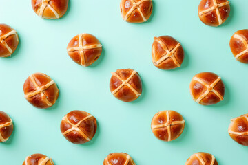 Overhead view of traditional easter hot cross buns, an easter snack - obrazy, fototapety, plakaty