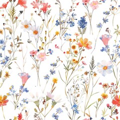 Floral watercolor seamless pattern. Wildflowers natural delicate hues. Print for textiles, wallpapers or gift wrapping. Vintage botanical illustration